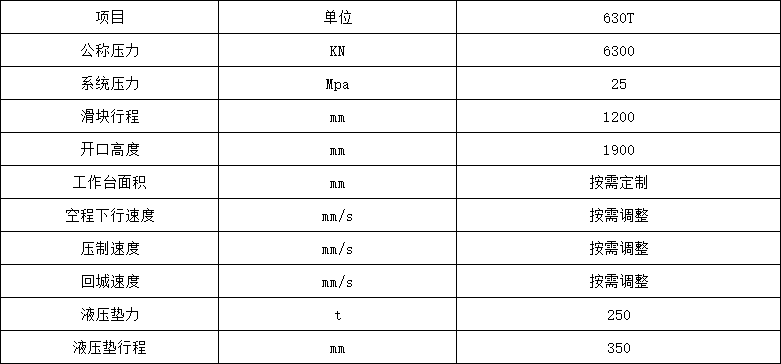 630吨框架式薄板拉伸液压机参数